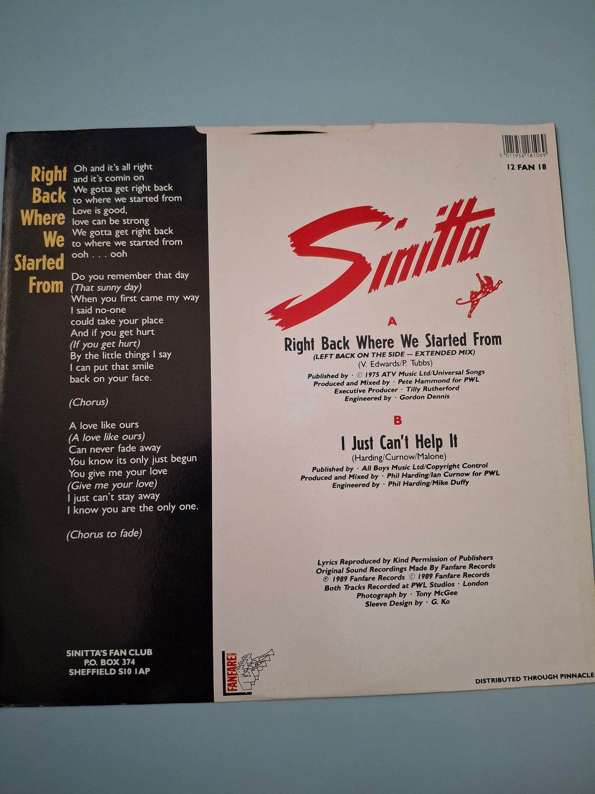 Sinitta – Right Back Where We Started From (1989 UK 12" Extended Vinyl Single)