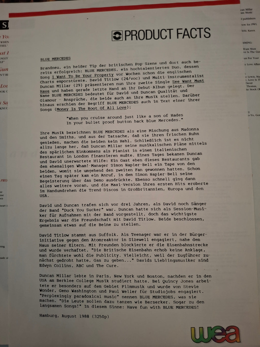 Blue Mercedes - Rich And Famous (1988 Rare German Promo Vinyl LP + Press Sheet)
