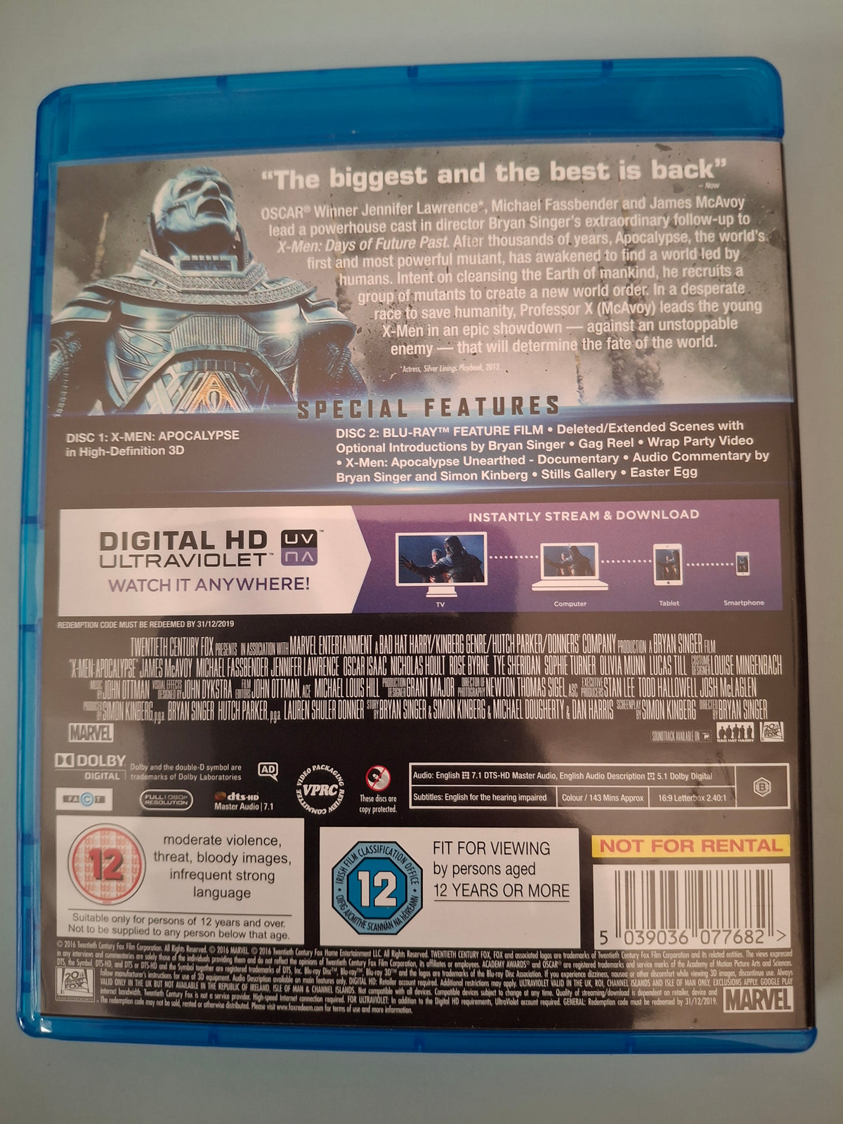 X-Men: Apocalypse (Blu-ray 3D™ + Blu-ray™ Dual Disc Combo, 2016) Pre-Owned