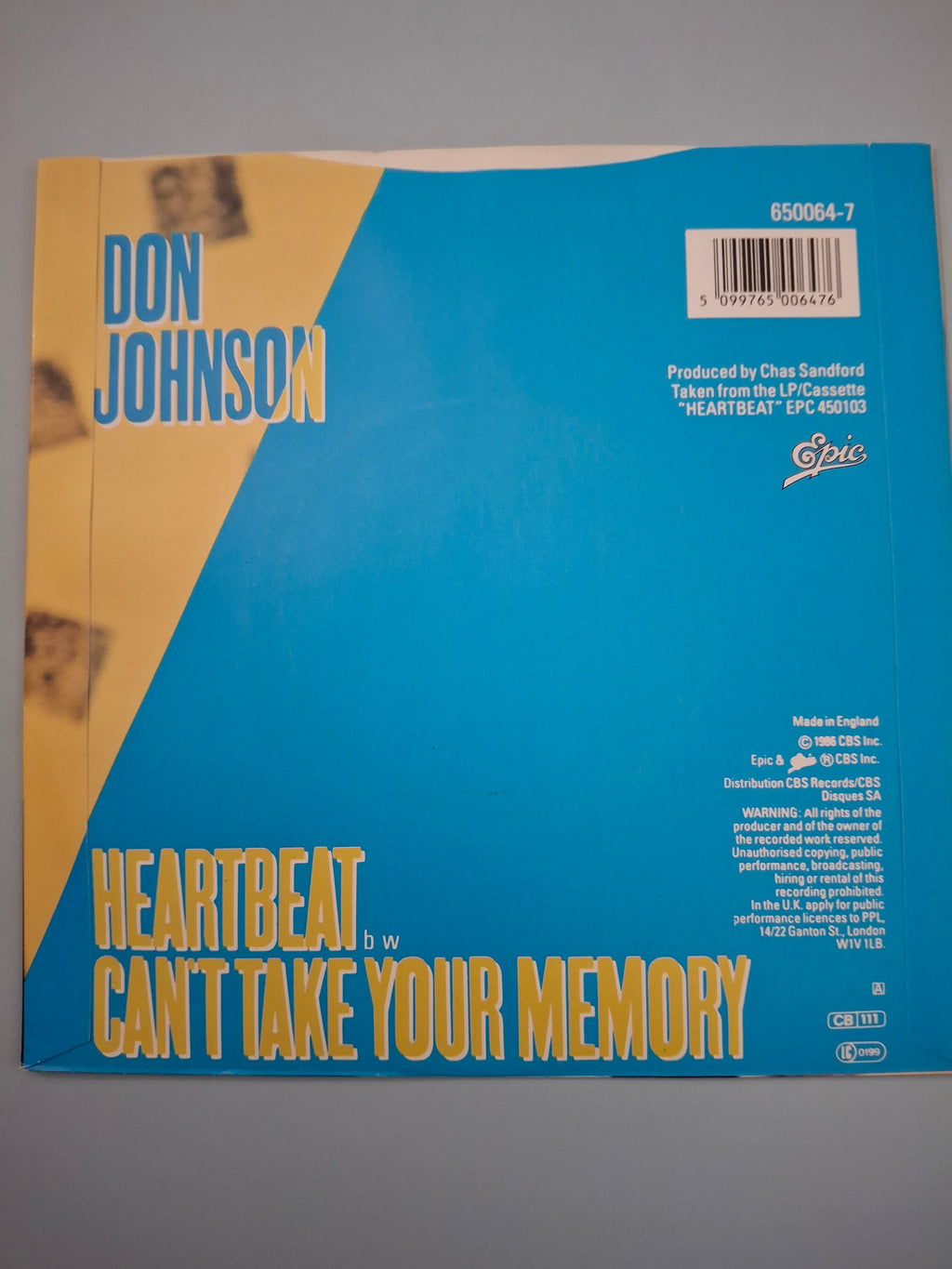Don Johnson - Heartbeat - 1986 UK First Pressing 7" Vinyl Single (650064 7)