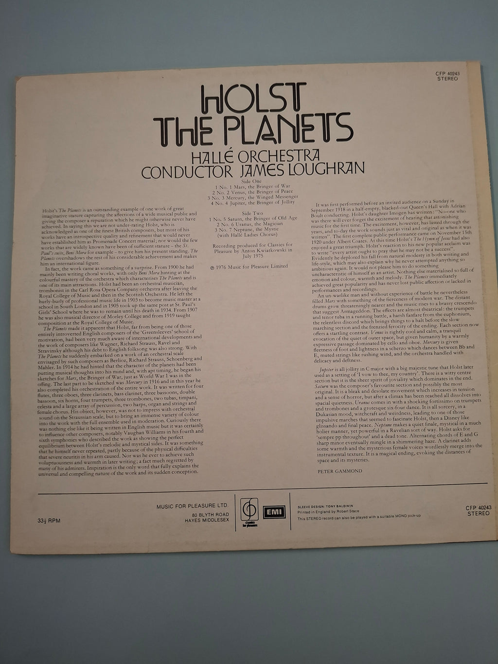 Holst: The Planets - Hallé Orchestra / James Loughran (1976 Classics For Pleasure UK Vinyl LP)