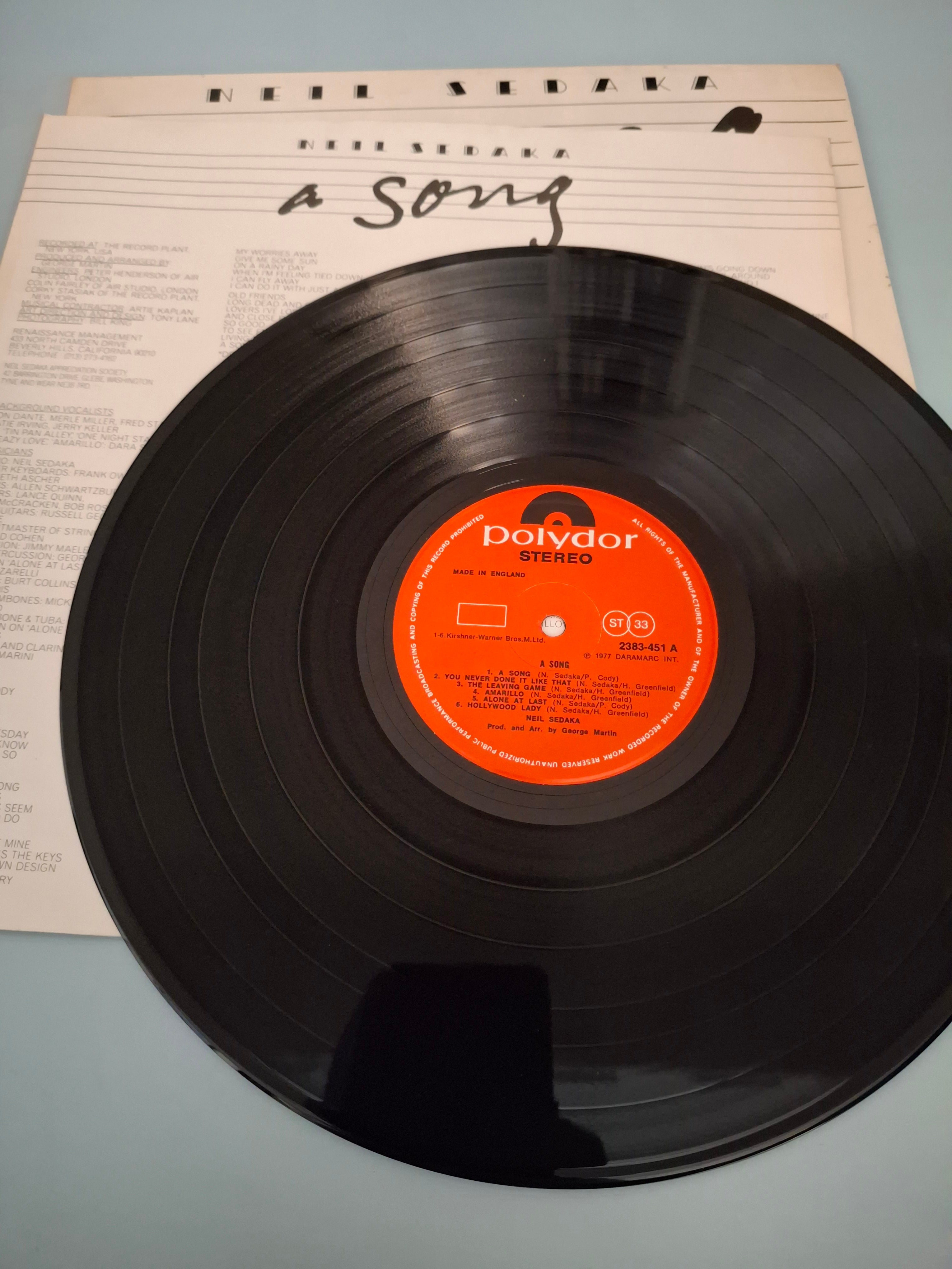 Neil Sedaka - A Song Original 12" Vinyl LP (UK Pressing, 1977, Polydor 2383-451)