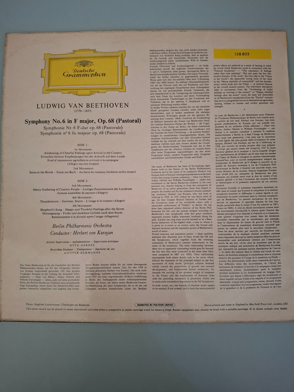 Beethoven: Symphony No. 6 "Pastoral" Vinyl LP - Herbert von Karajan, Berlin Philharmonic (1962, 138 805)