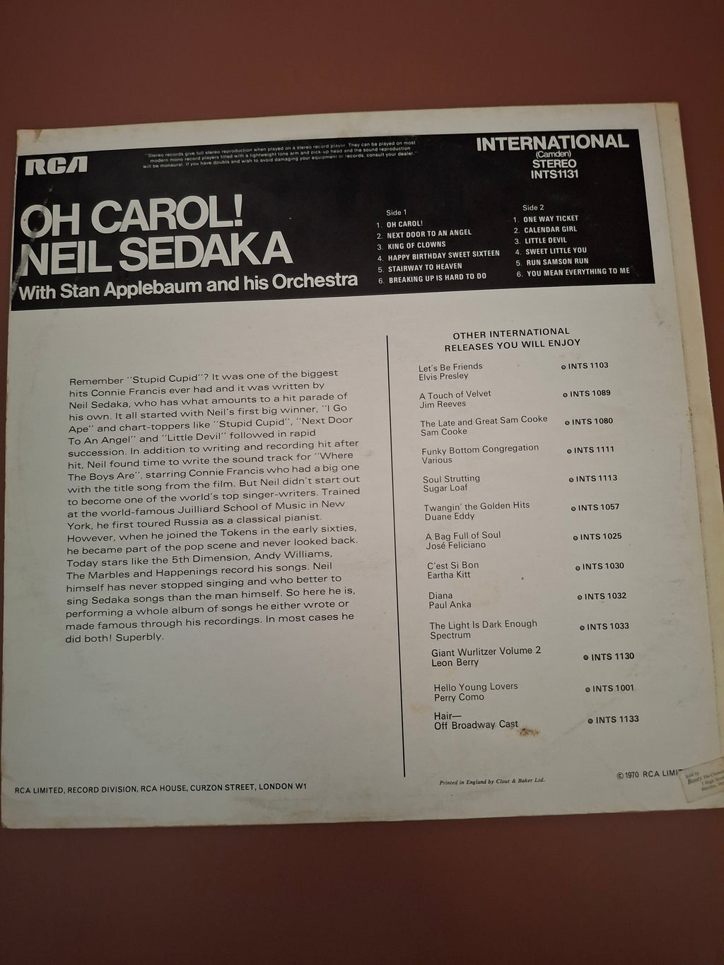 Neil Sedaka Oh Carol Vinyl LP Original UK Pressing RCA International 1970