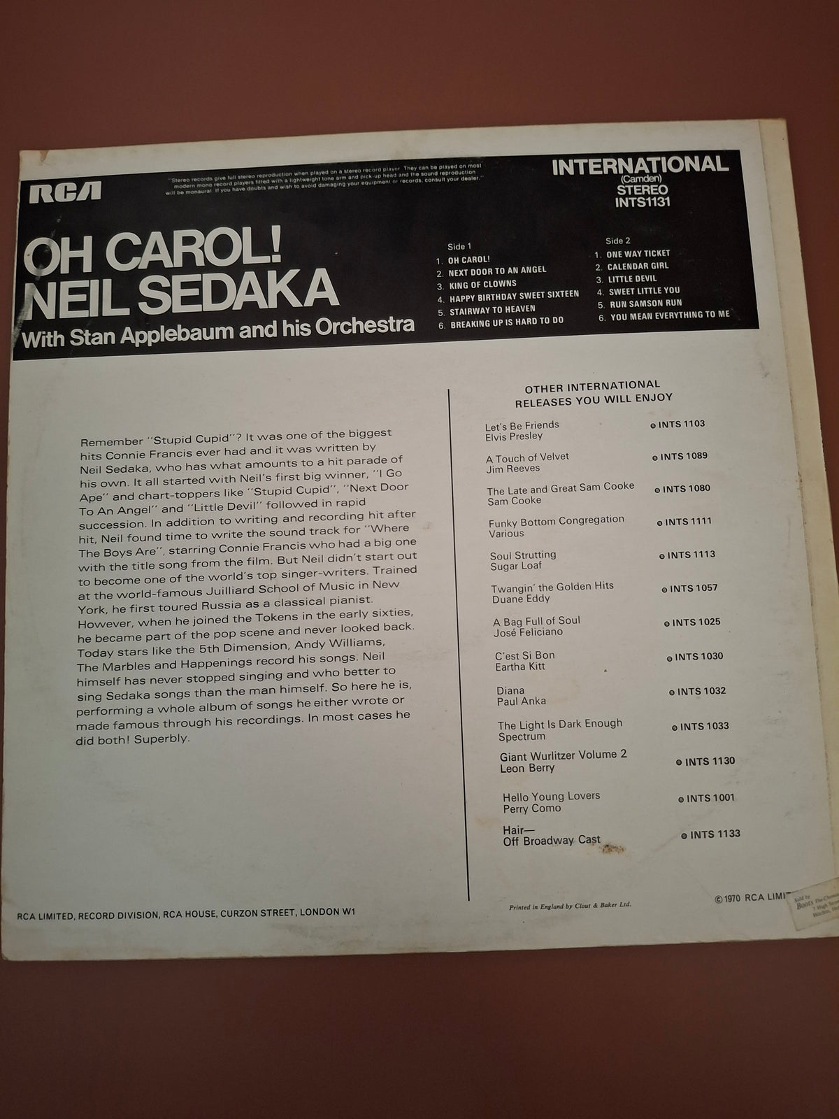 Neil Sedaka Oh Carol Vinyl LP Original UK Pressing RCA International 1970