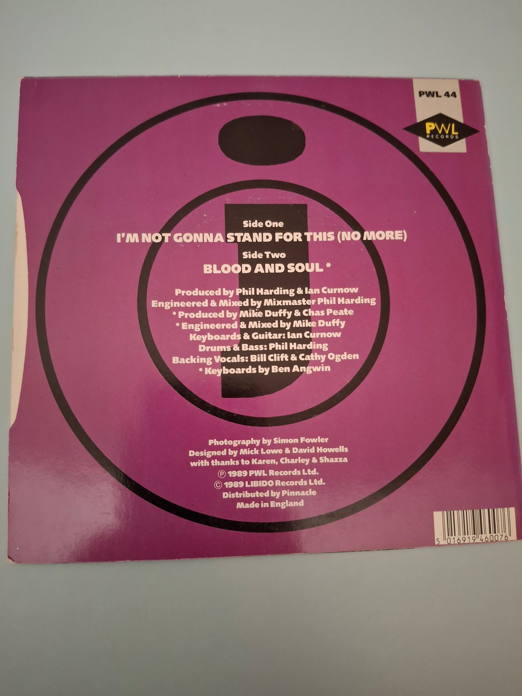 Johnnie O I'm Not Gonna Stand For This (No More) Original UK Picture Sleeve 7" Vinyl Single 1989 PWL Pressing