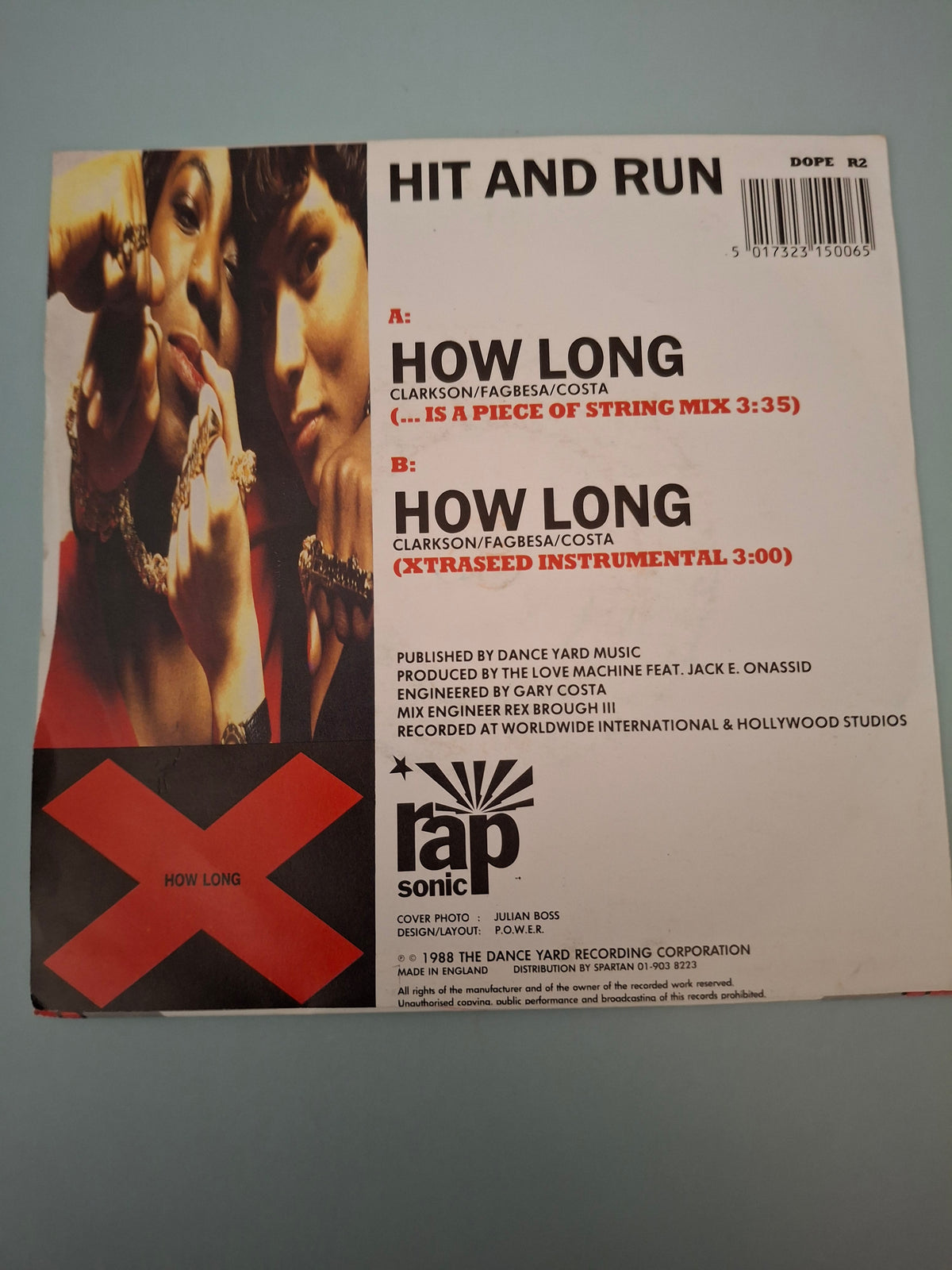 Hit And Run How Long Original UK Picture Sleeve 7" Vinyl Single 1988 Rap Sonic Pressing