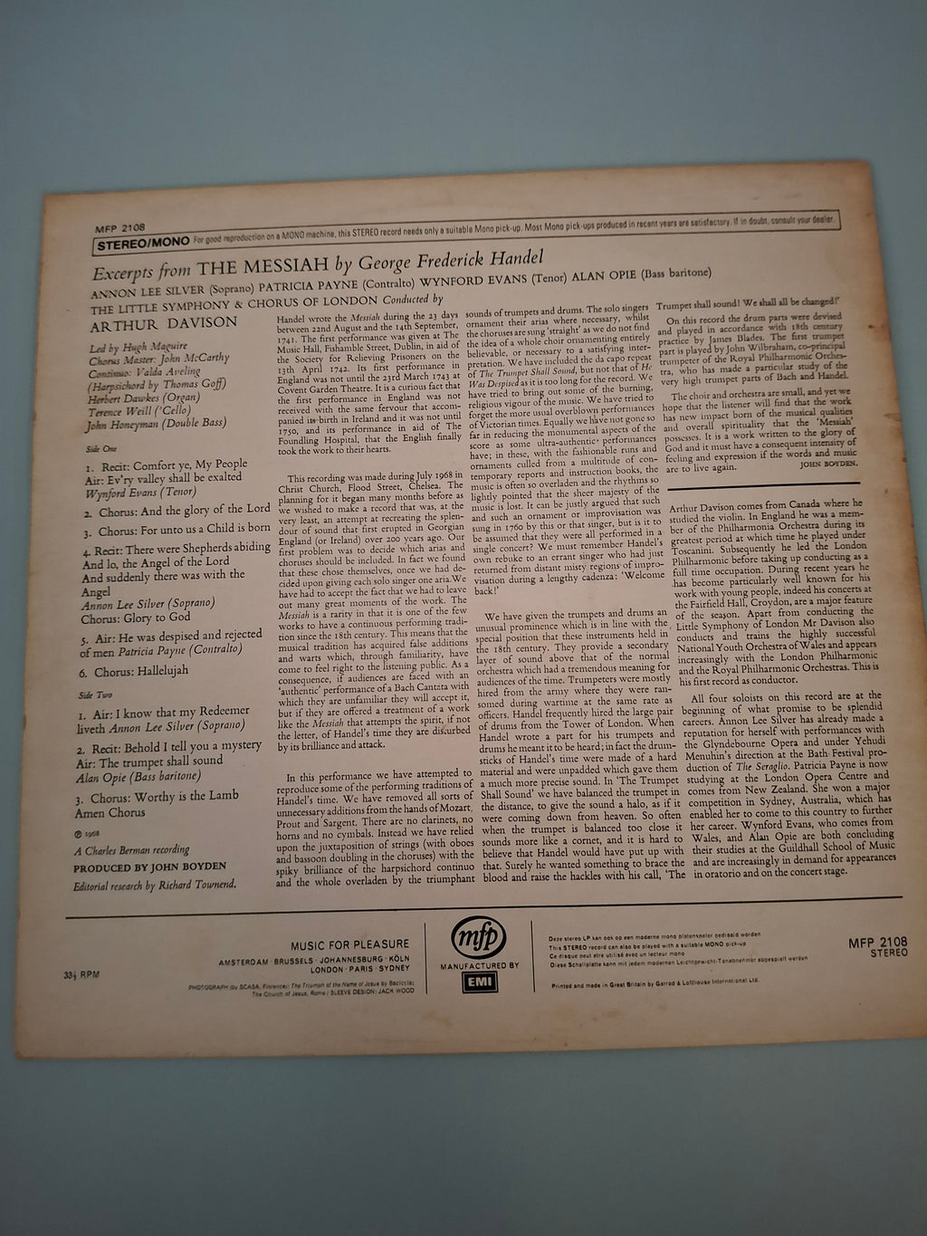 George Frideric Handel Excerpts From The Messiah Original UK 12" Vinyl LP 1968 Music For Pleasure Pressing