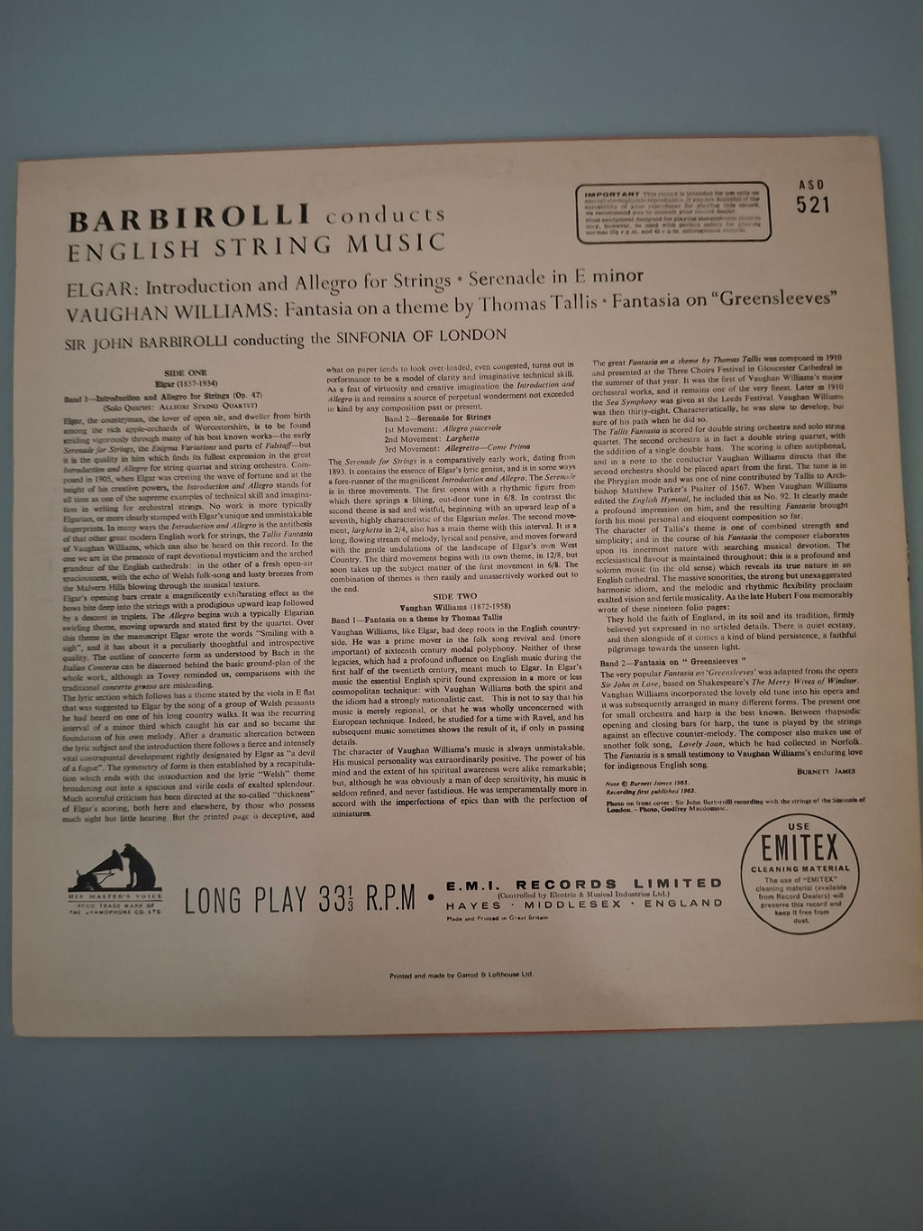 Barbirolli Conducts English String Music Original UK 12" Vinyl LP 1963 HMV Pressing Classical