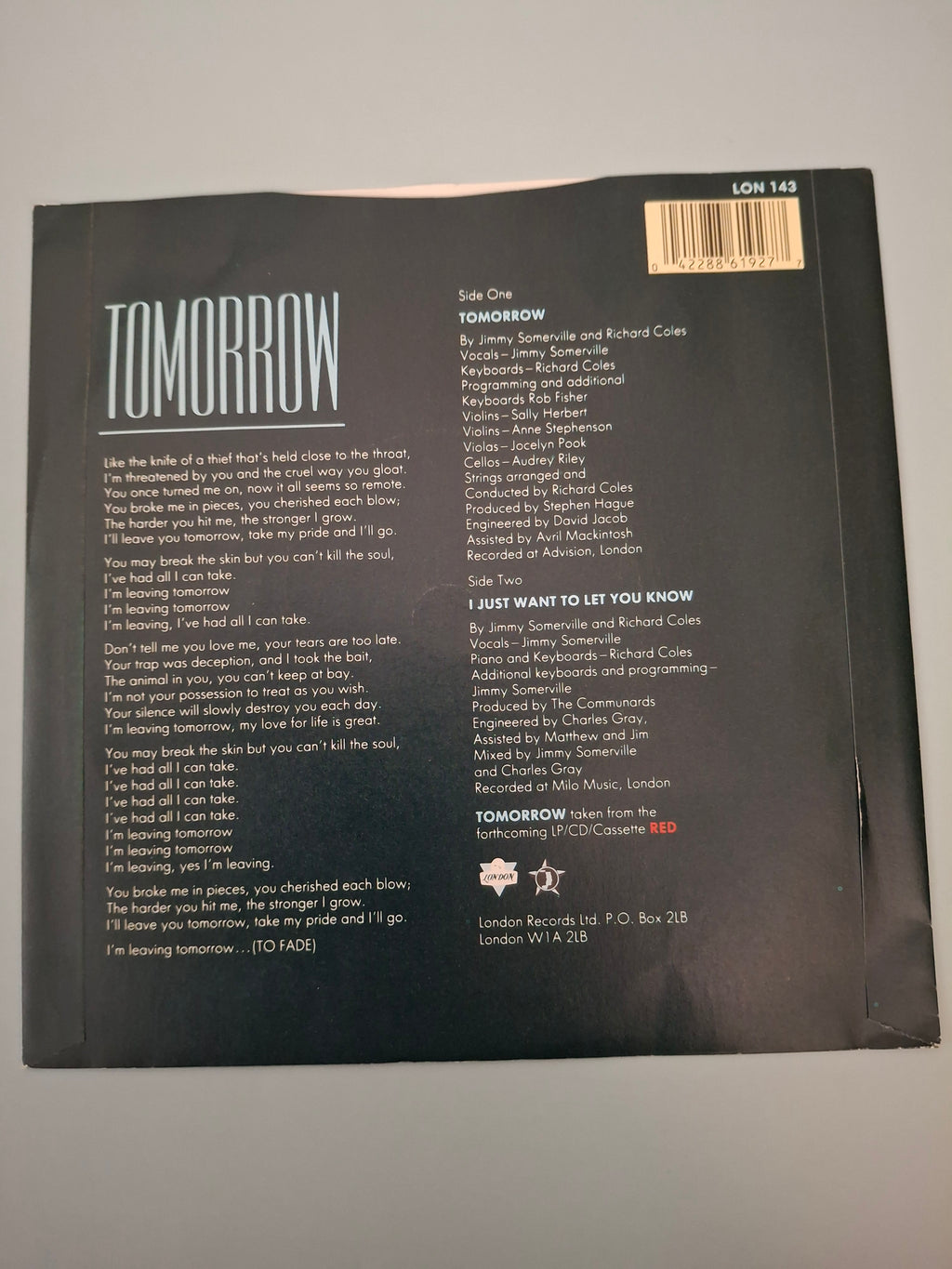 The Communards - Tomorrow - Original UK First Pressing 7" Vinyl Single (London Records, 1987)