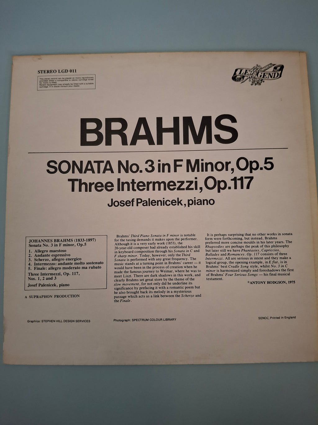 Josef Palenicek Johannes Brahms Sonata No 3 In F Minor Three Intermezzi Classical Romantic Piano UK Legend Original Pressing 12 Inch Vinyl LP 1975 LGD 011