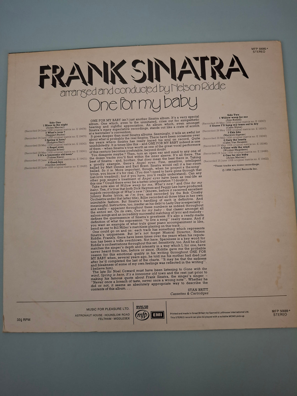 Frank Sinatra One For My Baby Nelson Riddle Arrangements Vocal Jazz Pop UK Music For Pleasure 12 Inch Vinyl LP 1968 MFP 50085