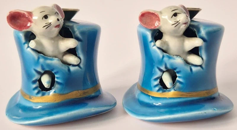 Vintage Ceramic Mouse in Top Hat Ornaments / Incense Burners (Pair)