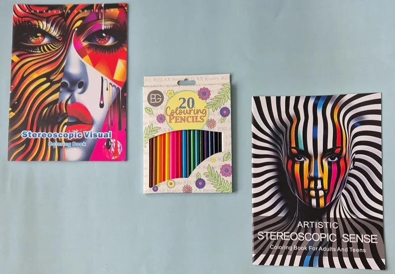 Mind-Bending 3D Optical Illusion Coloring Bundle – 2 Books + 20 Premium Pencils