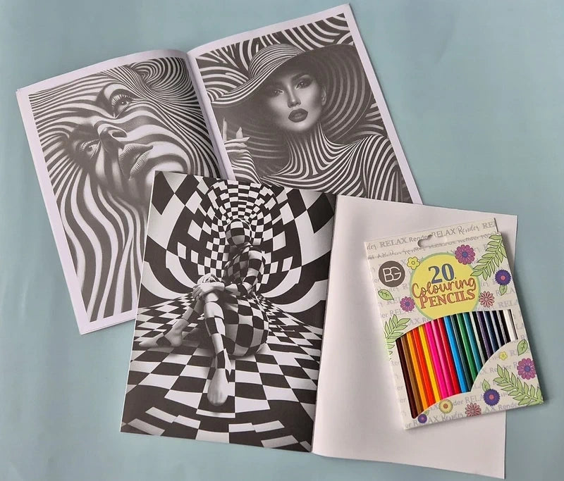 Mind-Bending 3D Optical Illusion Coloring Bundle – 2 Books + 20 Premium Pencils