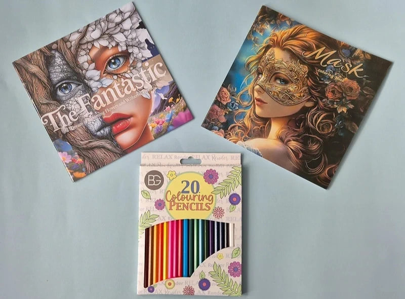 Fantasy Portraits & Masquerade Mask Coloring Bundle – 2 Books + 20 Premium Pencils
