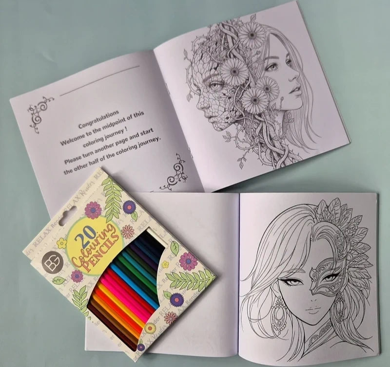 Fantasy Portraits & Masquerade Mask Coloring Bundle – 2 Books + 20 Premium Pencils
