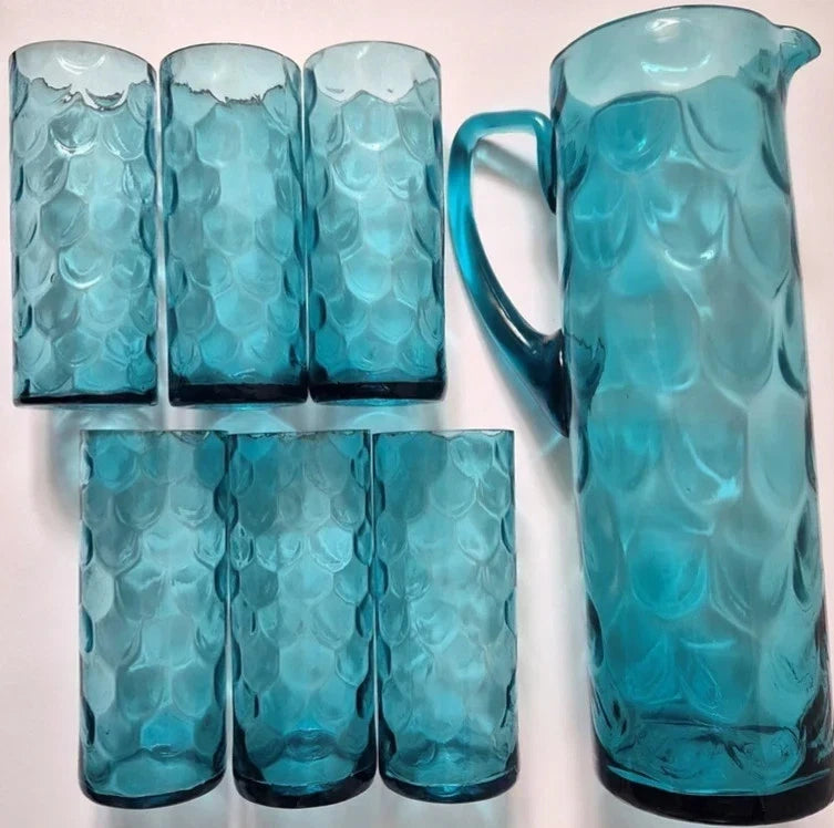 Vintage 1960s/70s Teal Blue Glass Lemonade Set - Pitcher Jug & 6 Matching Tumble