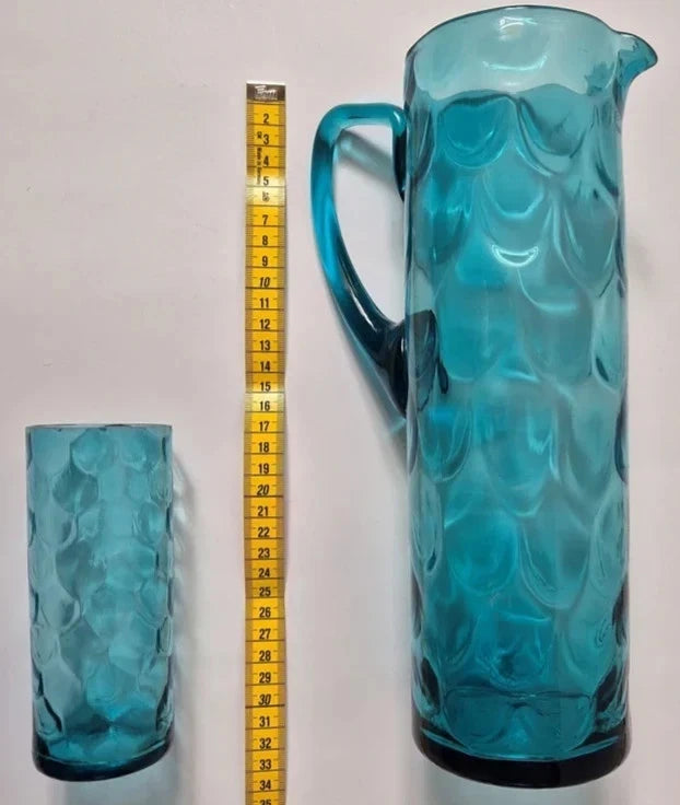 Vintage 1960s/70s Teal Blue Glass Lemonade Set - Pitcher Jug & 6 Matching Tumble