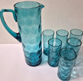 Vintage 1960s/70s Teal Blue Glass Lemonade Set - Pitcher Jug & 6 Matching Tumble